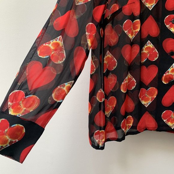 Vintage Sheer Betty Barclay Blouse Shirt Fit UK 14 Heart Pattern Black Red *Mend - Picture 11 of 11